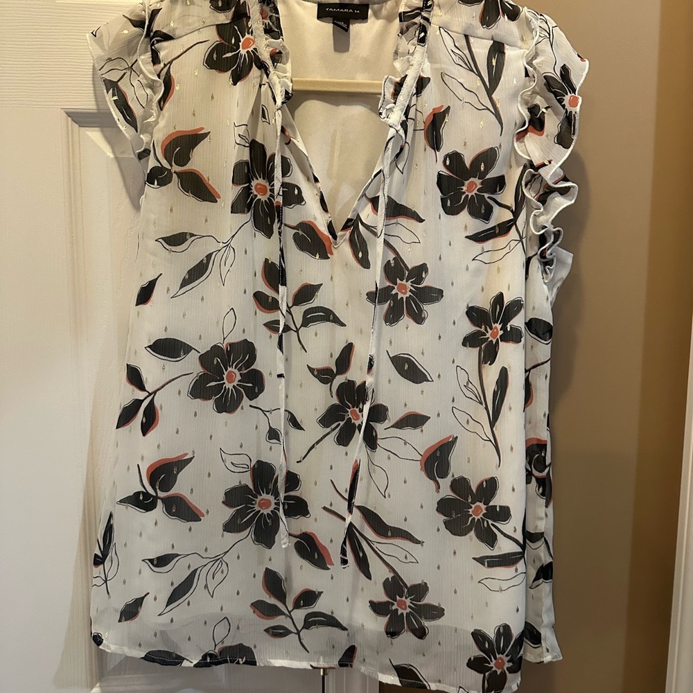 Monsoon Floral Print Ruffle Blouse - Black and White